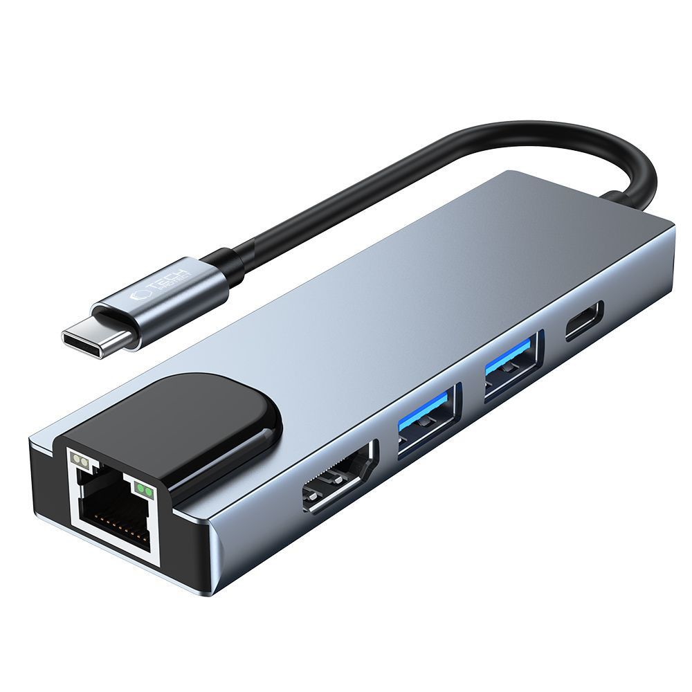 HUB Tech-Protect V3 5in1 USB-C - USB-A 3.0 / USB-A 2.0 / USB-C / HDMI / RJ45 - grå