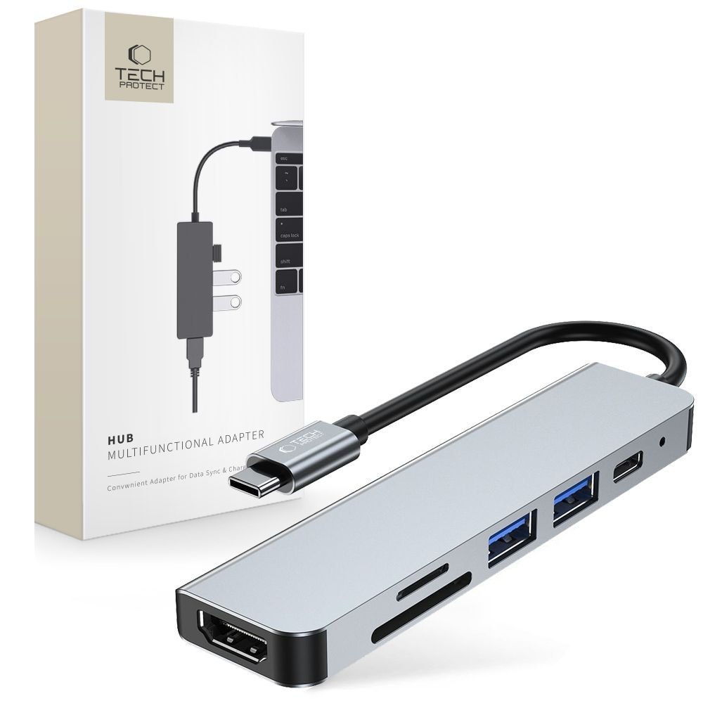 HUB Tech-Protect V4 6in1 USB-C, USB-A 3.0/2.0, HDMI, micro SD/TF/SD Reader - grå