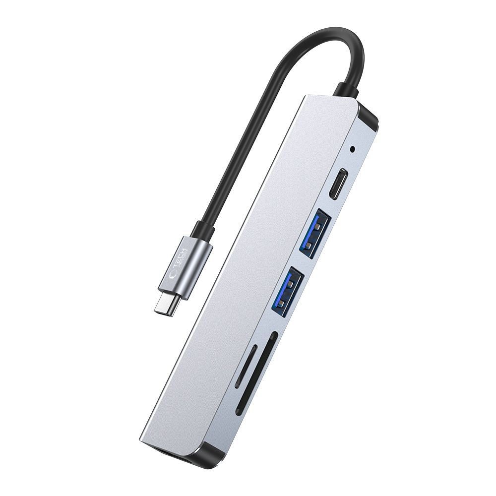 HUB Tech-Protect V4 6in1 USB-C, USB-A 3.0/2.0, HDMI, micro SD/TF/SD Reader - grå