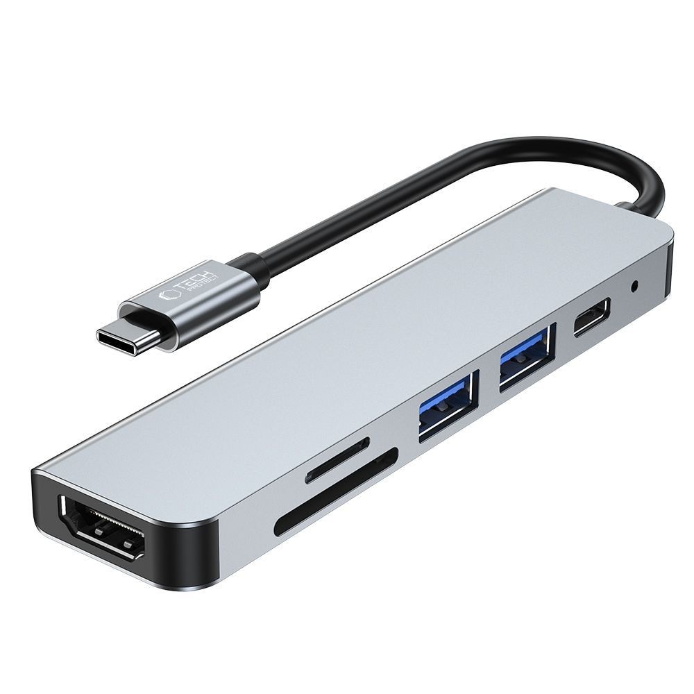 HUB Tech-Protect V4 6in1 USB-C, USB-A 3.0/2.0, HDMI, micro SD/TF/SD Reader - grå