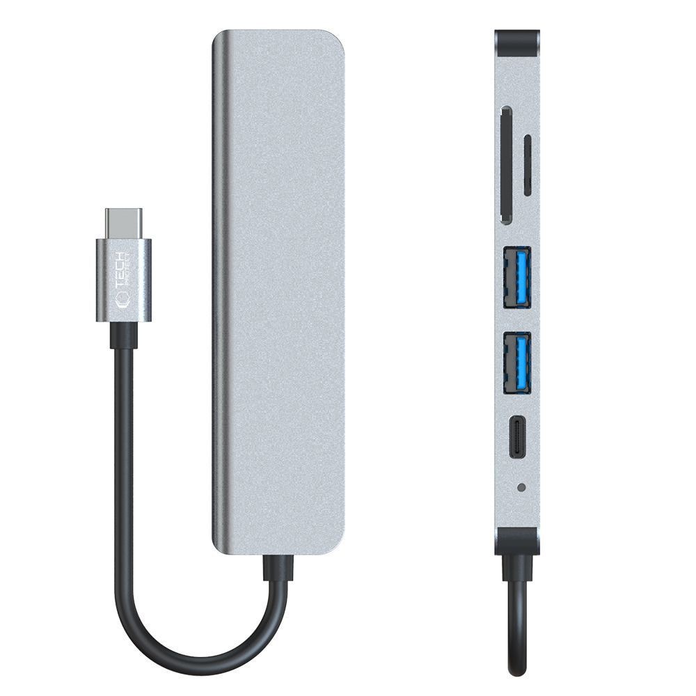 HUB Tech-Protect V4 6in1 USB-C, USB-A 3.0/2.0, HDMI, micro SD/TF/SD Reader - grå