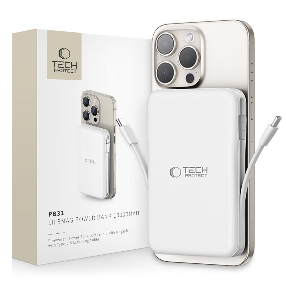Tech-Protect LifeMag PB31 MagSafe Power Bank 10000mAh 15W USB-C / USB-A / Inbyggda kablar - Vit