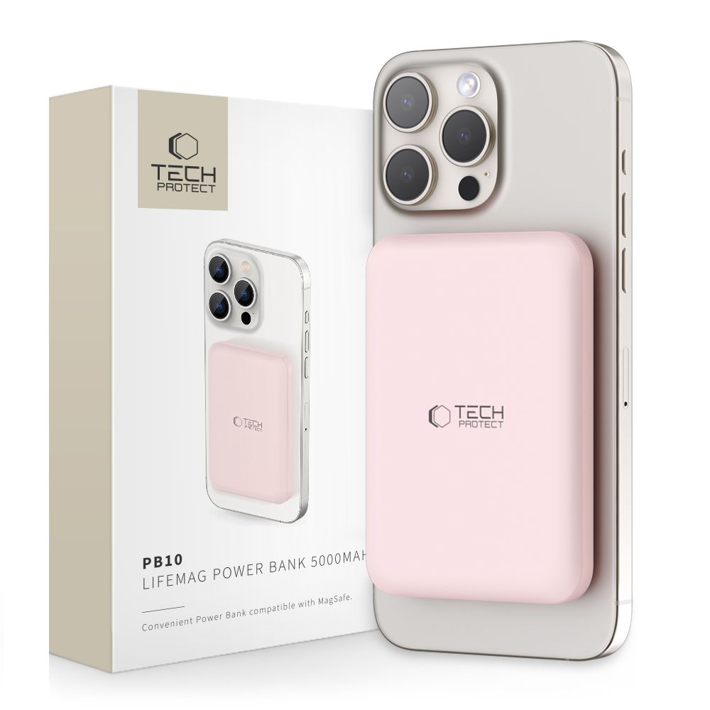 Tech-Protect LifeMag PB10 Powerbank med MagSafe 5000mAh 15W USB-C port - rosa + USB-C kabel