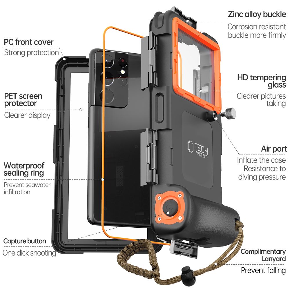 Tech-Protect vanntett etui IPX8 for 4,7-6,7" smarttelefoner - svart og oransje
