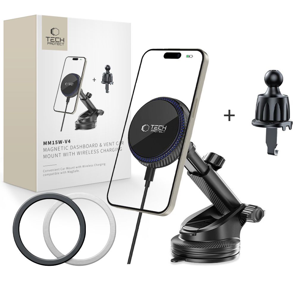 Tech-Protect MM15W-V4 Magnetisk MagSafe 15W bilhållare för cockpit / vindruta / luftventil - svart