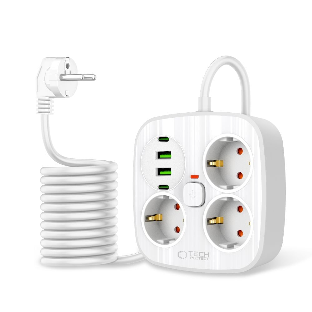 Tech-Protect PCS3X4 grenuttag, 3 uttag, 2xUSB-A, 2xUSB-C 200 cm - vit