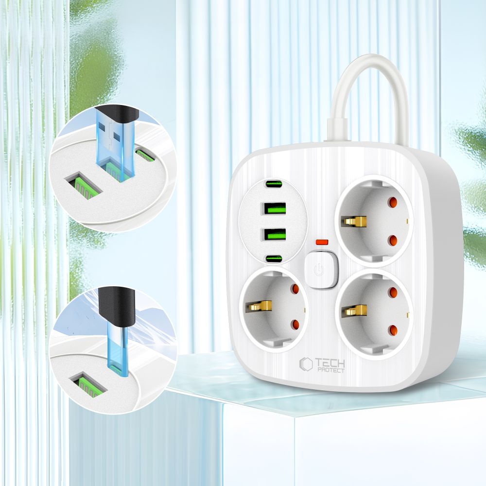Tech-Protect PCS3X4 grenuttag, 3 uttag, 2xUSB-A, 2xUSB-C 200 cm - vit
