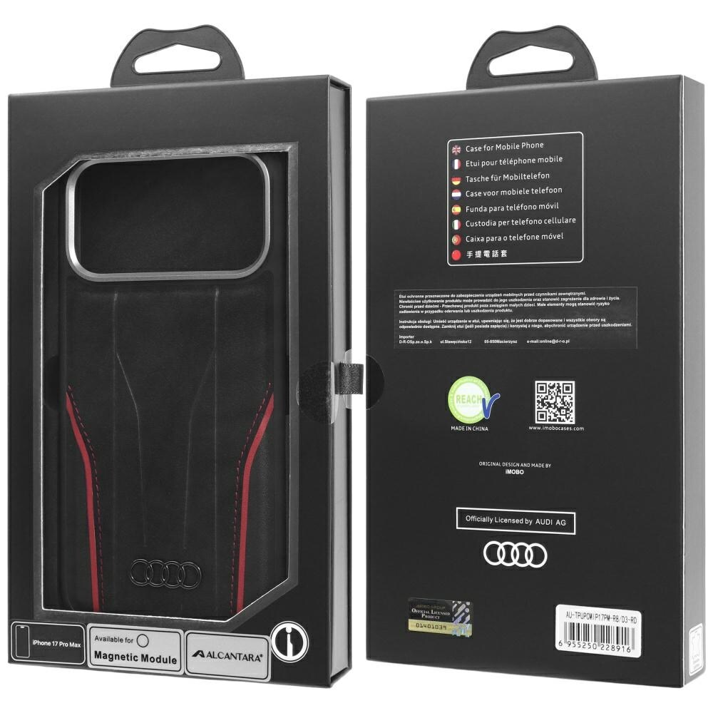 Audi R8 MagSafe-etui i ægte læder til iPhone 17 Pro Max - sort og rød