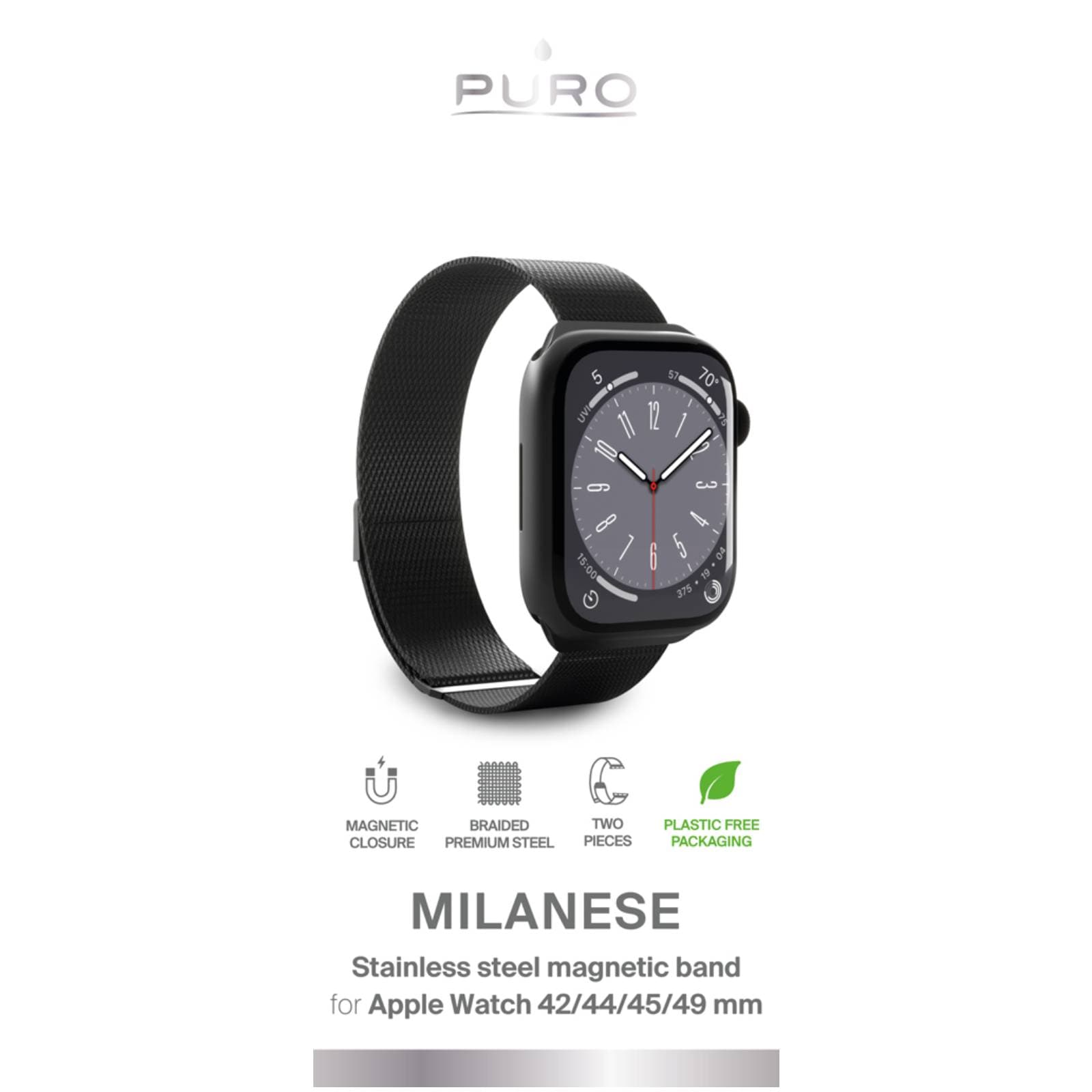 Puro 'MILANESE' klockarmband till Apple klocka 42-44-45-49m, svart