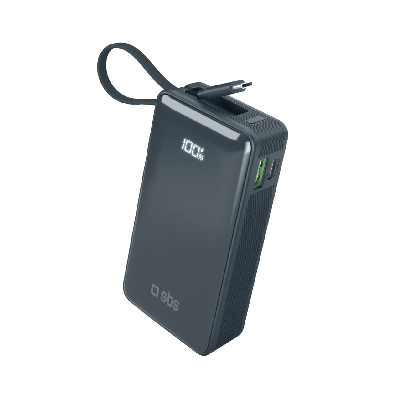 Powerbank SBS 10000 mAh 20W med inbyggd USB-C-kabel och digital display - mörkgrå