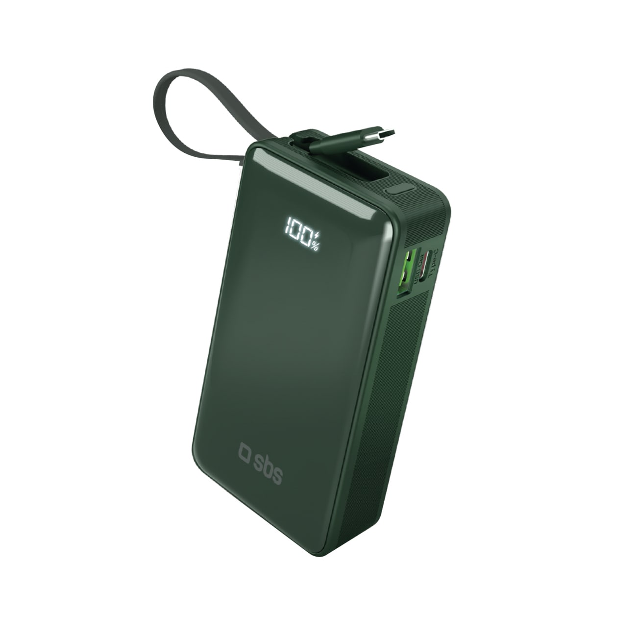Powerbank SBS 10000 mAh 20W med inbyggd USB-C-kabel och digital display - grön