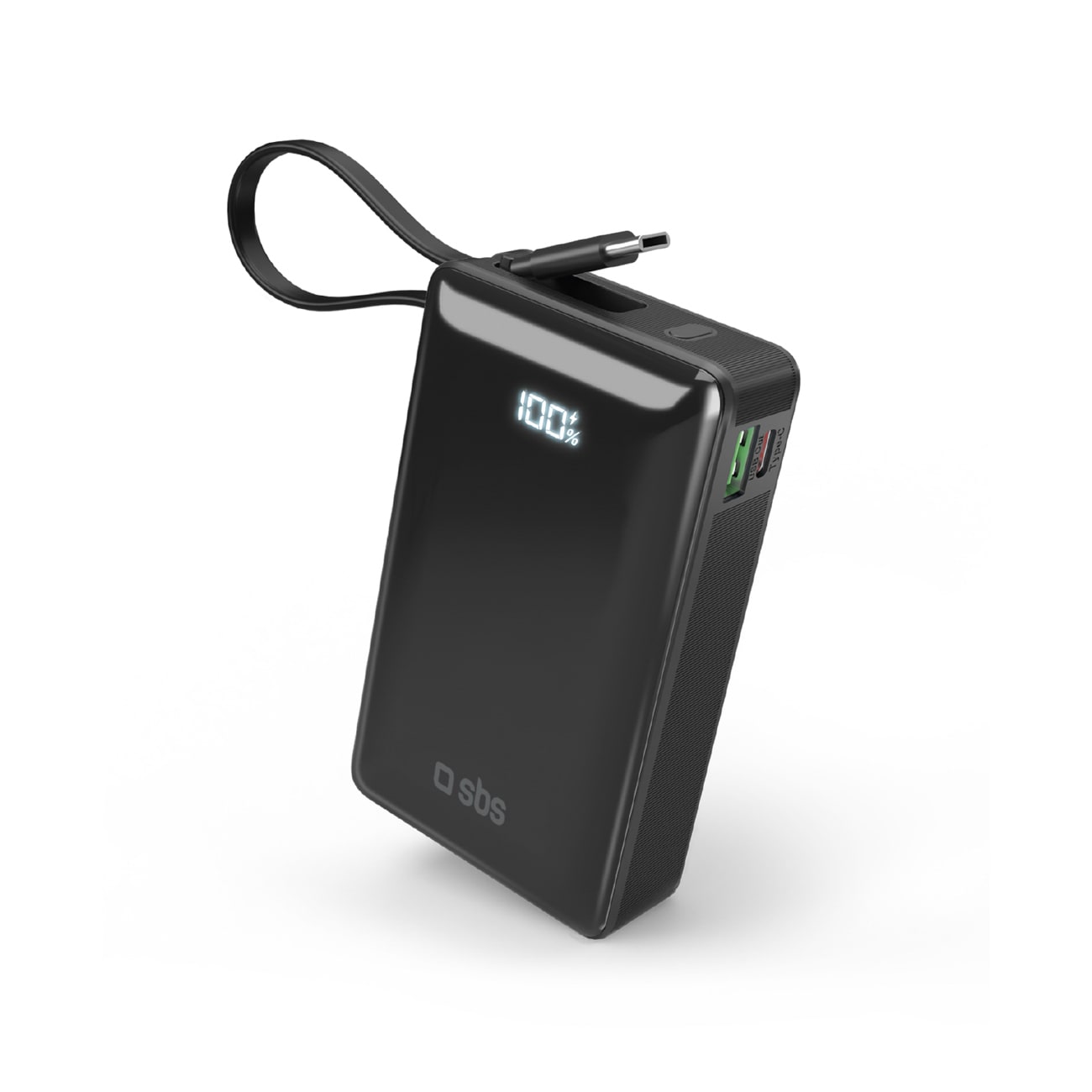 Powerbank SBS 20000 mAh 20W med inbyggd USB-C-kabel och digital display - svart