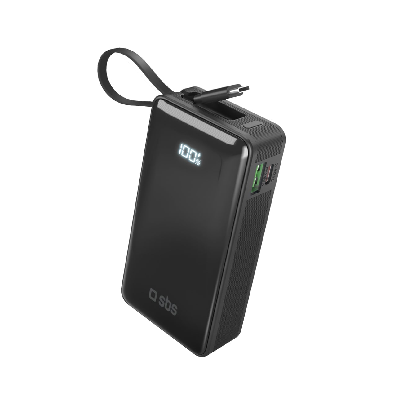 Powerbank SBS 10000 mAh 20W med inbyggd USB-C-kabel och digital display - svart