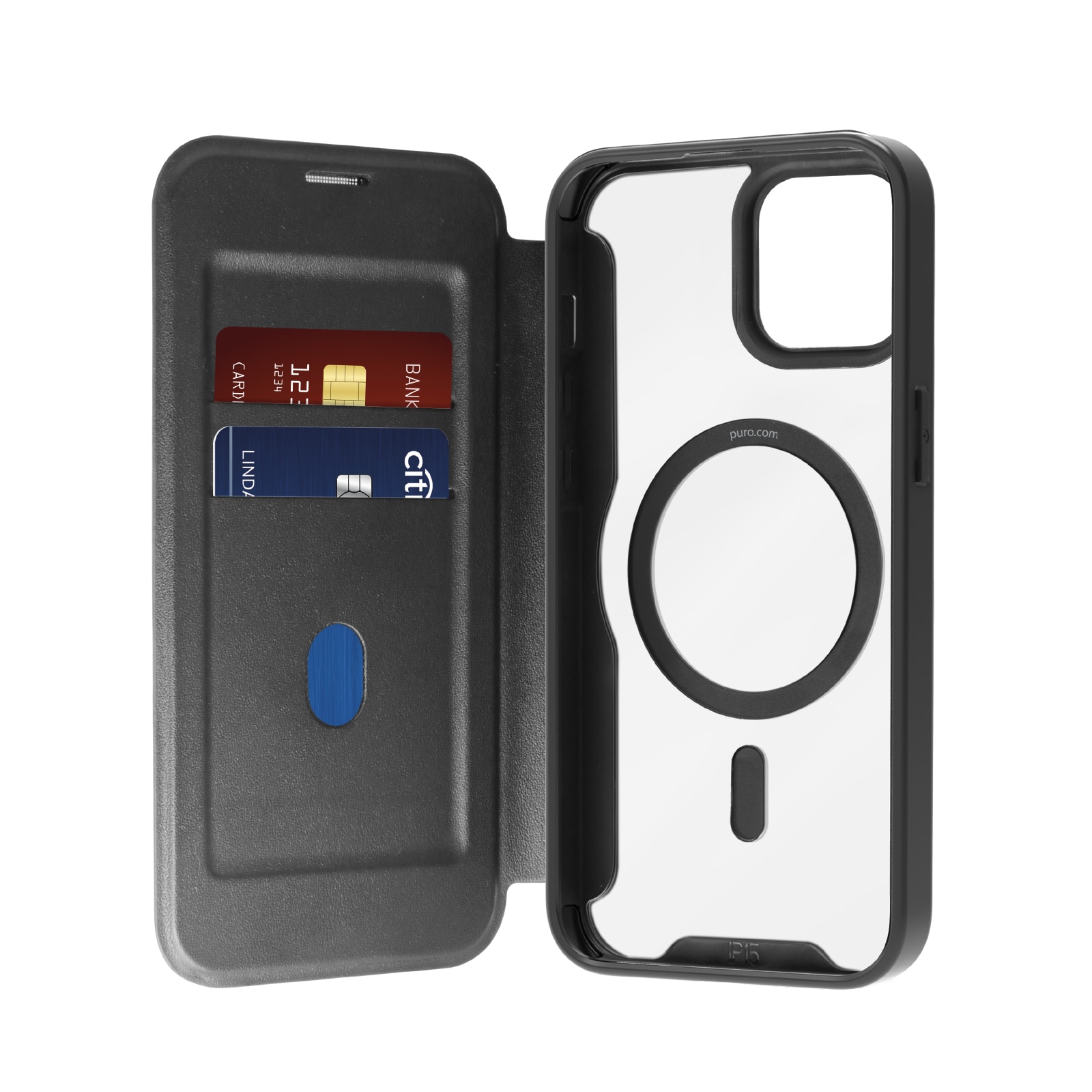 Puro Book Mag MagSafe läderfodral med flik och kortplats för iPhone 16 Plus - Svart