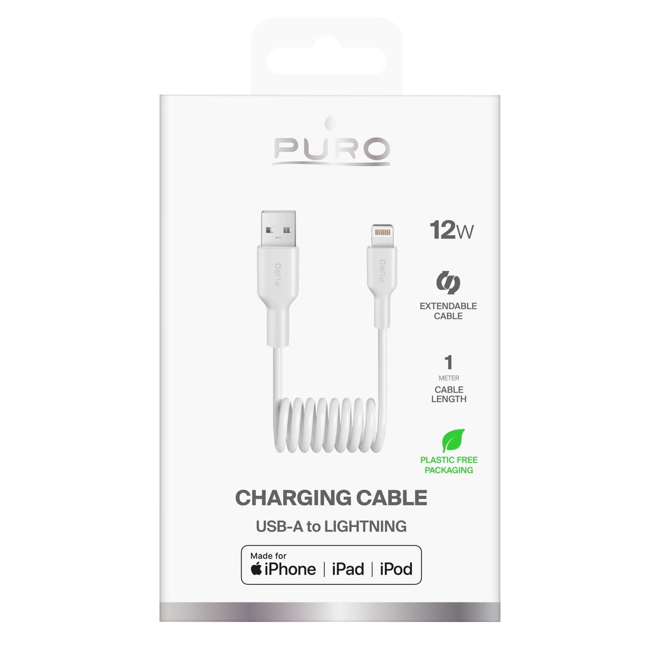 Puro 12W USB-A - Lightning Spiralkabel 1m - Vit