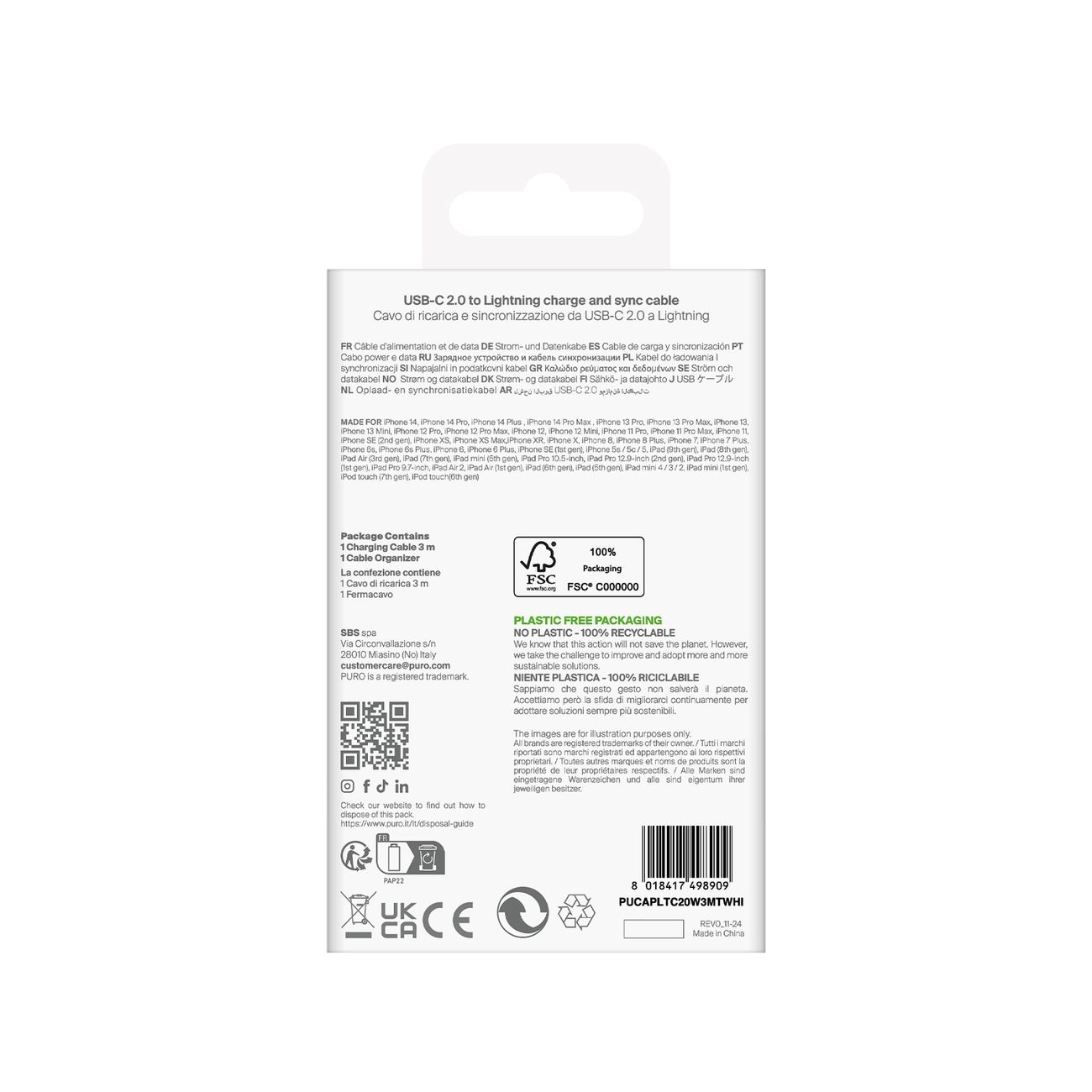 Puro TPE 20W USB-C - Lightning-kabel 3m - Vit