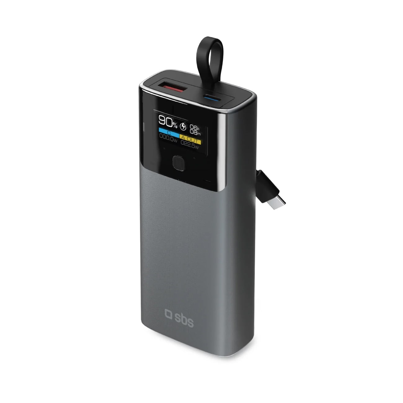 SBS 10000mAh PD 20W Powerbank med LCD-display och inbyggd USB-C-kabel - Grå