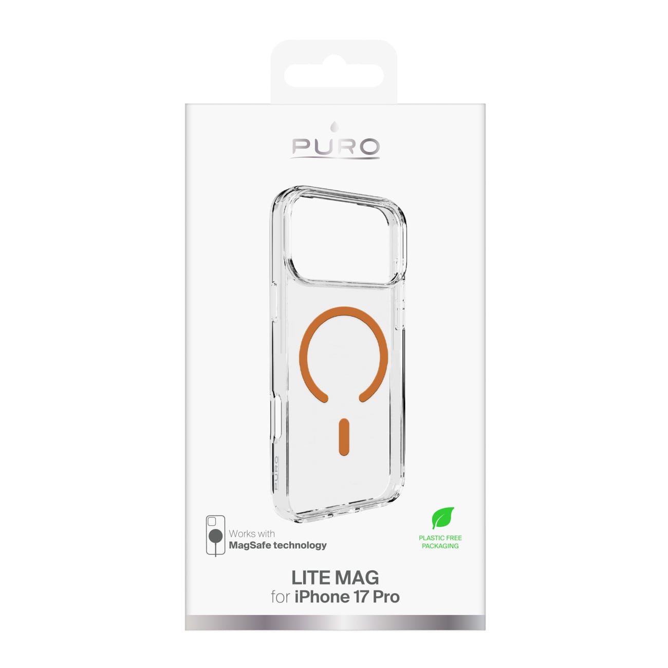 Puro Lite Mag TPU+PC-etui kompatibelt med MagSafe til iPhone 17 Pro - gennemsigtigt med orange ring