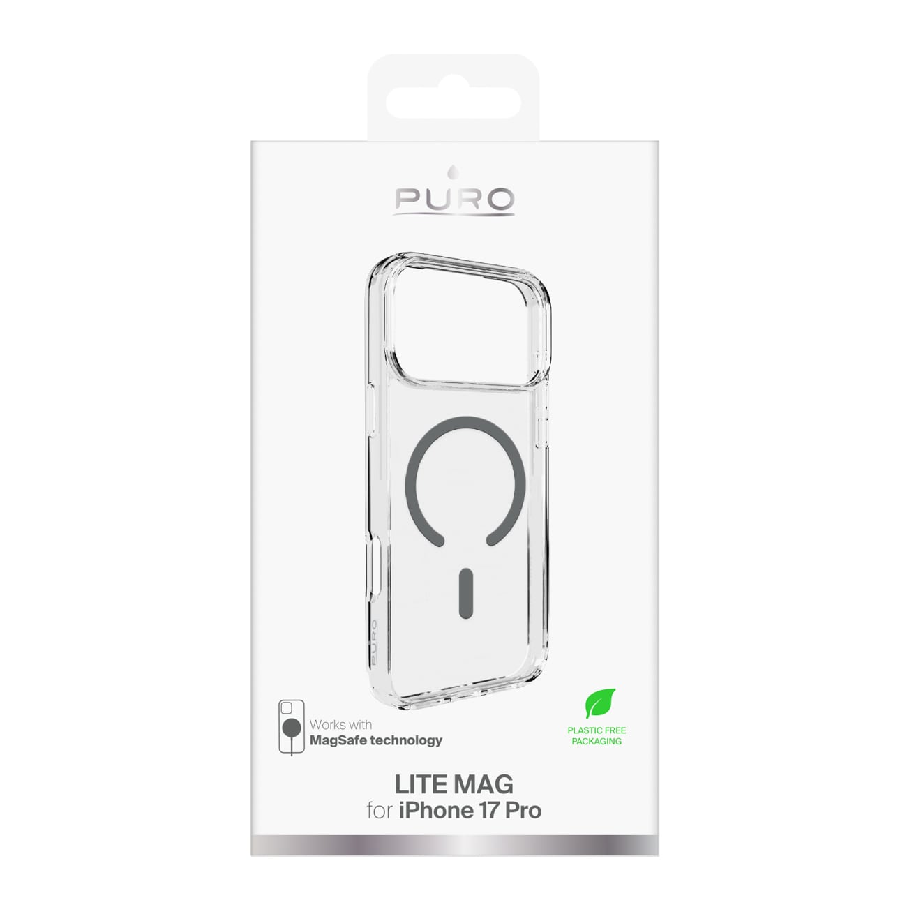 Puro Lite Mag TPU+PC-etui kompatibelt med MagSafe til iPhone 17 Pro - gennemsigtigt med grå ring