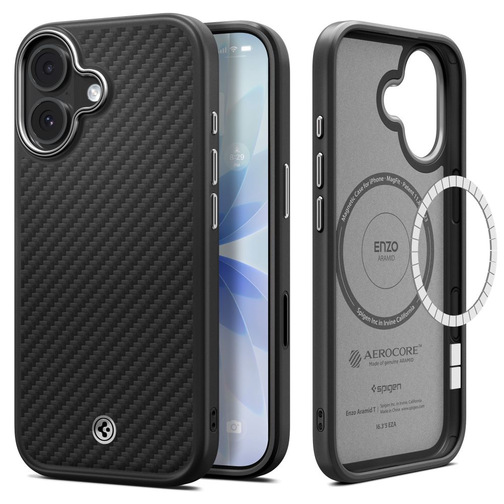 Spigen Enzo Aramid "T" MagSafe-fodral för iPhone 17 - svart och silver