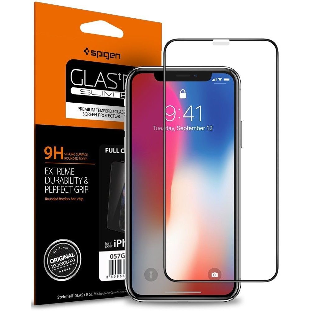 Spigen Glass FC Härdat glas med svart ram för iPhone X / XS / 11 Pro