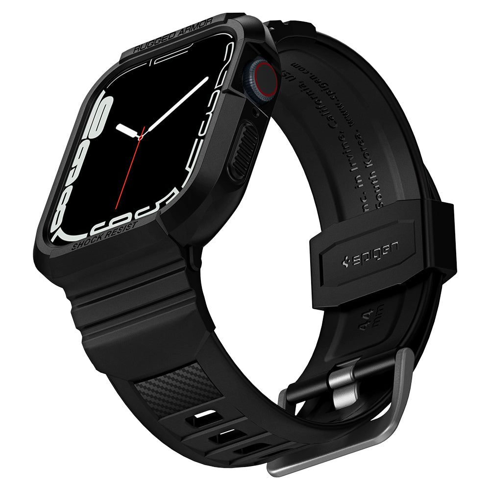 Spigen Rugged Armor Pro-etui med rem til Apple Watch 4 / 5 / 6 / 7 / 8 / SE (44/45 mm) - Sort