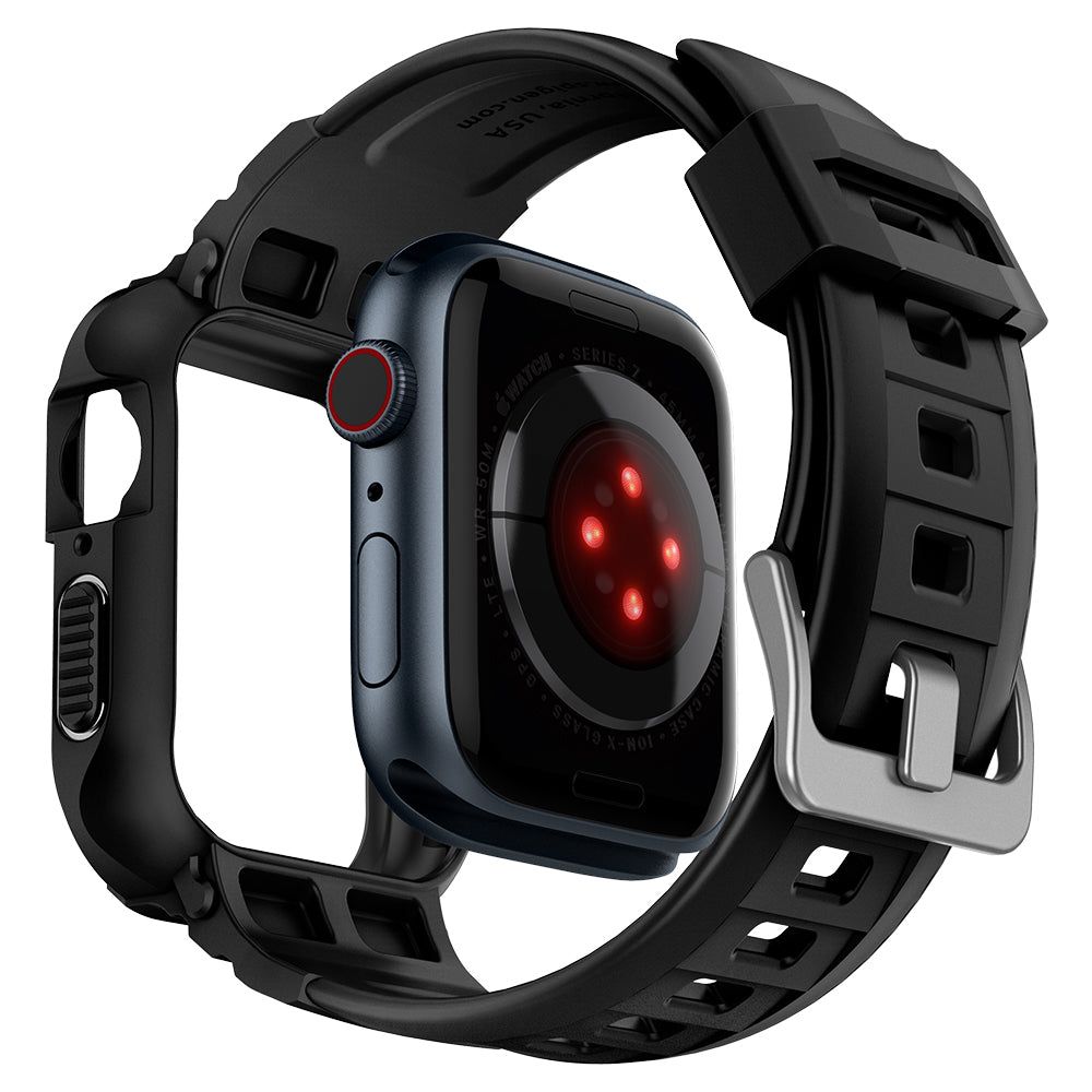 Spigen Rugged Armor Pro-etui med rem til Apple Watch 4 / 5 / 6 / 7 / 8 / SE (44/45 mm) - Sort