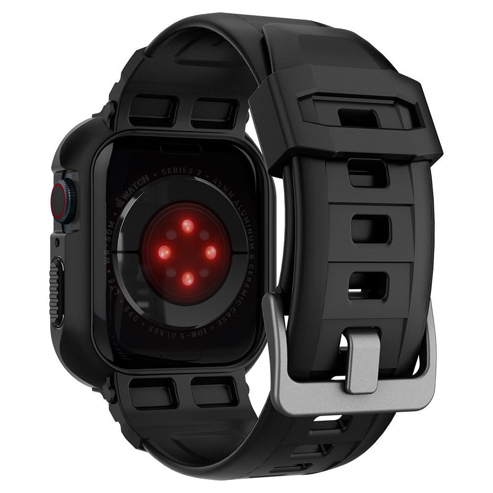 Spigen Rugged Armor Pro-etui med rem til Apple Watch 4 / 5 / 6 / 7 / 8 / SE (44/45 mm) - Sort