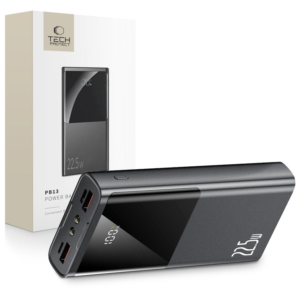 Powerbank Tech-Protect PB13 20000mAh 22.5W 2x USB-A/USB-C/Lightning med kabel - grå