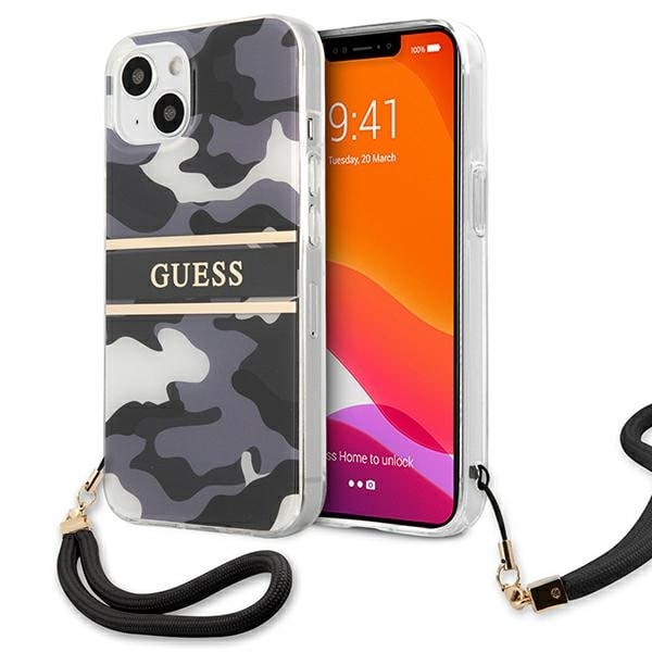 Guess GUHCP13MKCABBK iPhone 13 6,1" svart/svart hårda fodral Camo Strap Collection