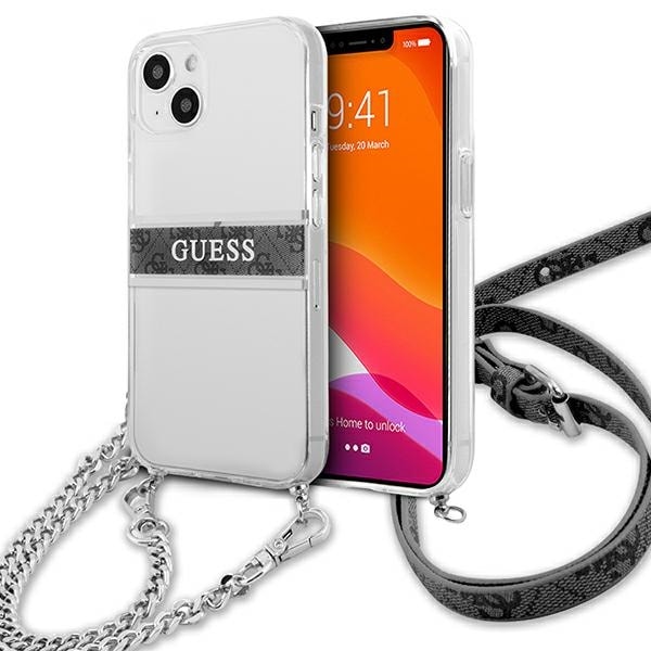 Guess GUHCP13SKC4GBSI iPhone 13 mini 5,4" Transparent fodral 4G Grå rem Silver kedja