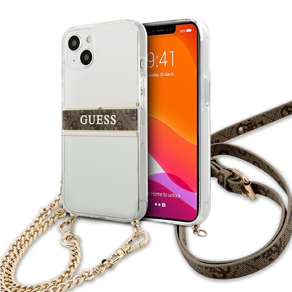 Guess GUHCP13SKC4GBGO iPhone 13 mini 5,4" Transparent hård väska 4G Brun rem Guldkedja