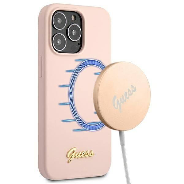 Guess iPhone 13 Pro Max 6.7" Hard Case Light Pink Silicone Script Gold Logo MagSafe