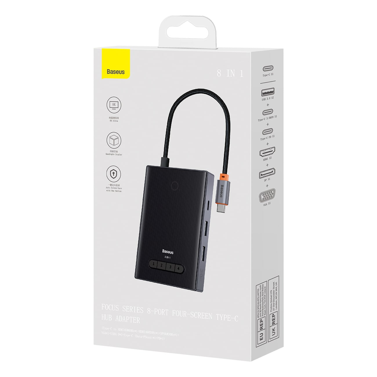 Baseus PioneerJoy 8-in-1 USB-C Hub: HDMI 4K@60Hz, HDMI 4K@30Hz, DP 8K@30Hz, VGA, 4 USB Ports - Gray