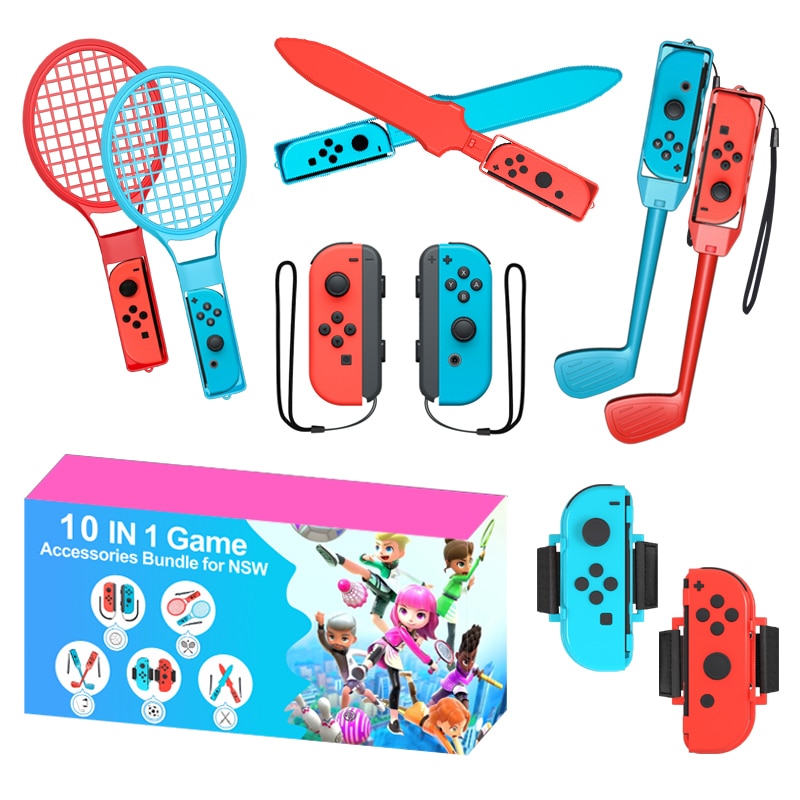 Nintendo Switch Sports tillbehörspaket 10 delar / familjepaket / sportset för Joy-Con i rött och blått