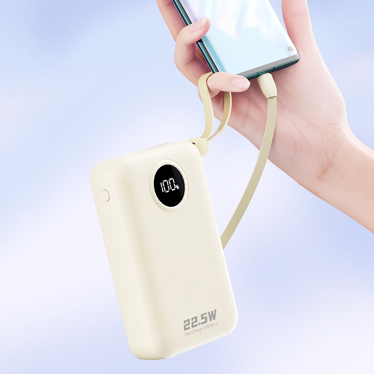 Dudao K14+ Powerbank 20000mAh 22,5W USB-C / USB-A / innebygde Lightning- og USB-C-kabler - Hvit