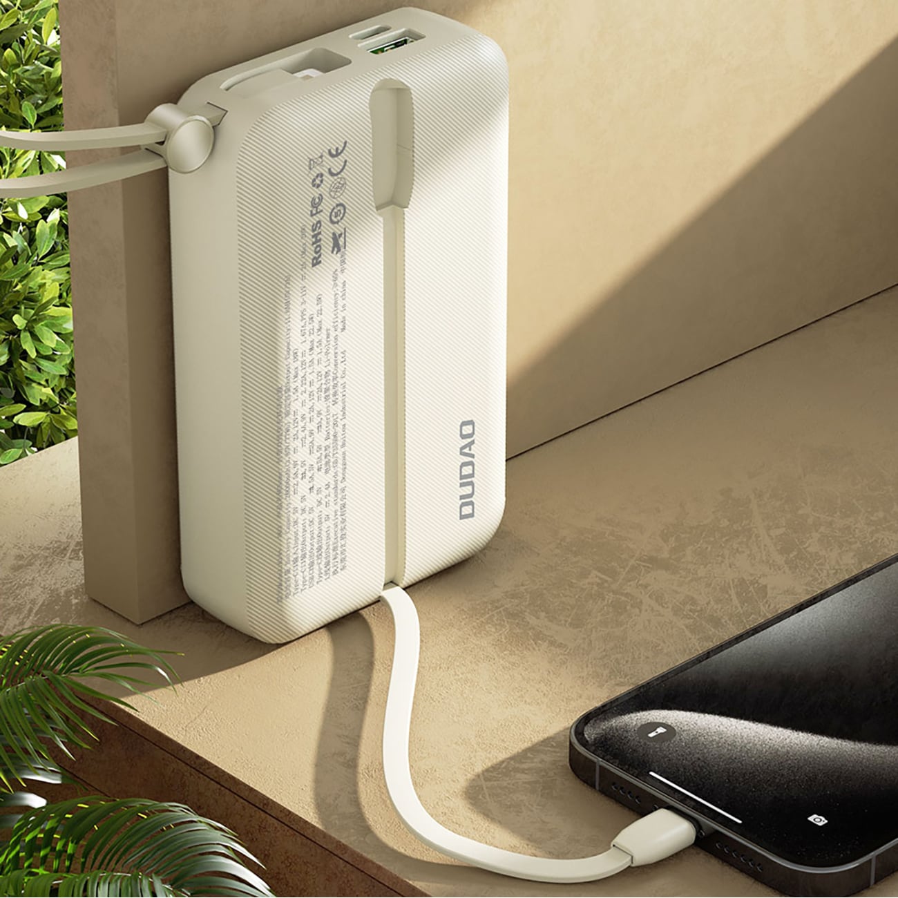 Dudao K14+ Powerbank 20000mAh 22,5W USB-C / USB-A / innebygde Lightning- og USB-C-kabler - Hvit