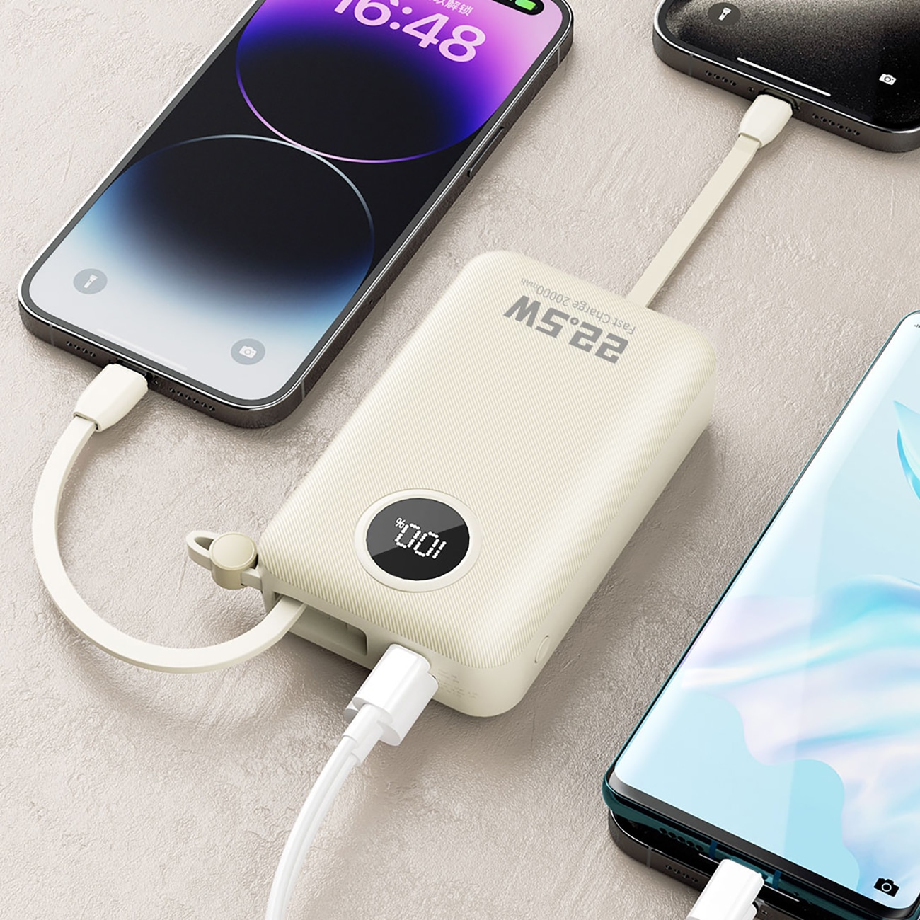 Dudao K14+ Powerbank 20000mAh 22,5W USB-C / USB-A / innebygde Lightning- og USB-C-kabler - Hvit