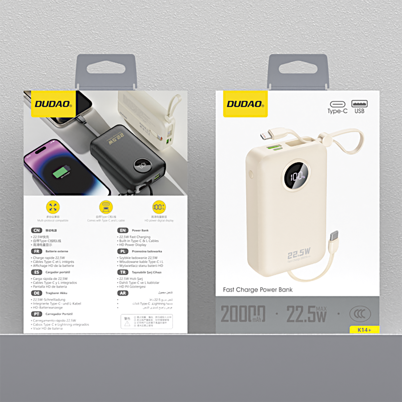 Dudao K14+ Powerbank 20000mAh 22,5W USB-C / USB-A / innebygde Lightning- og USB-C-kabler - Hvit