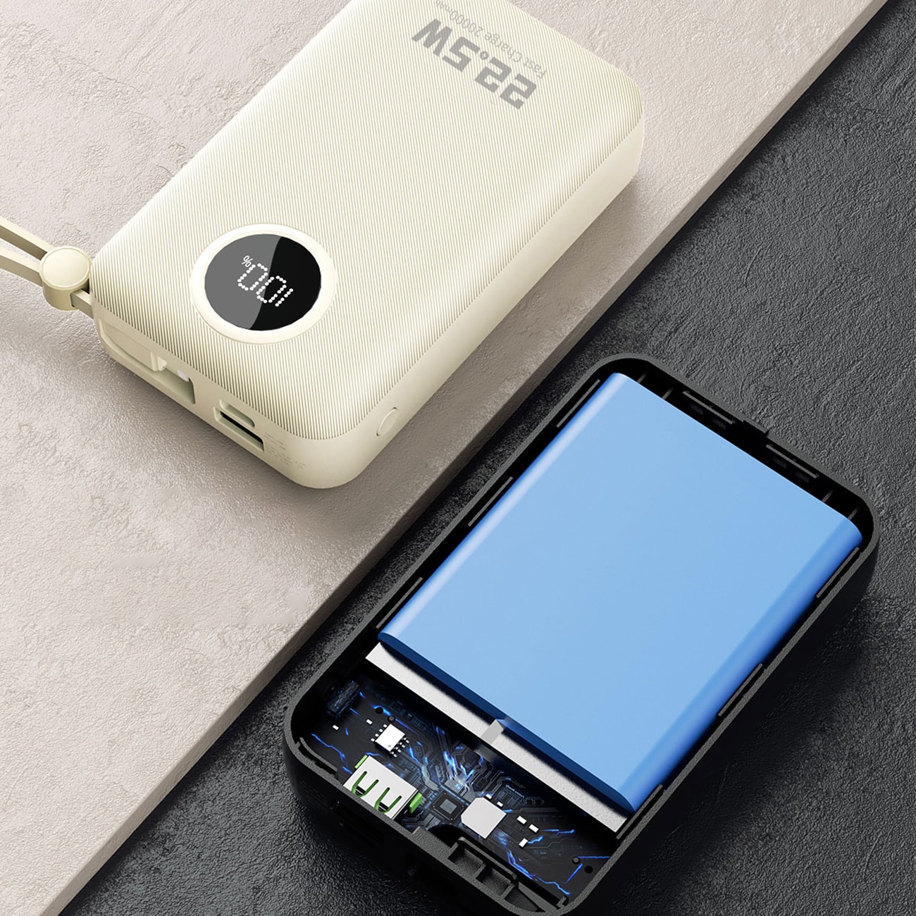 Dudao K14+ Powerbank 20000mAh 22,5W USB-C / USB-A / innebygde Lightning- og USB-C-kabler - Hvit
