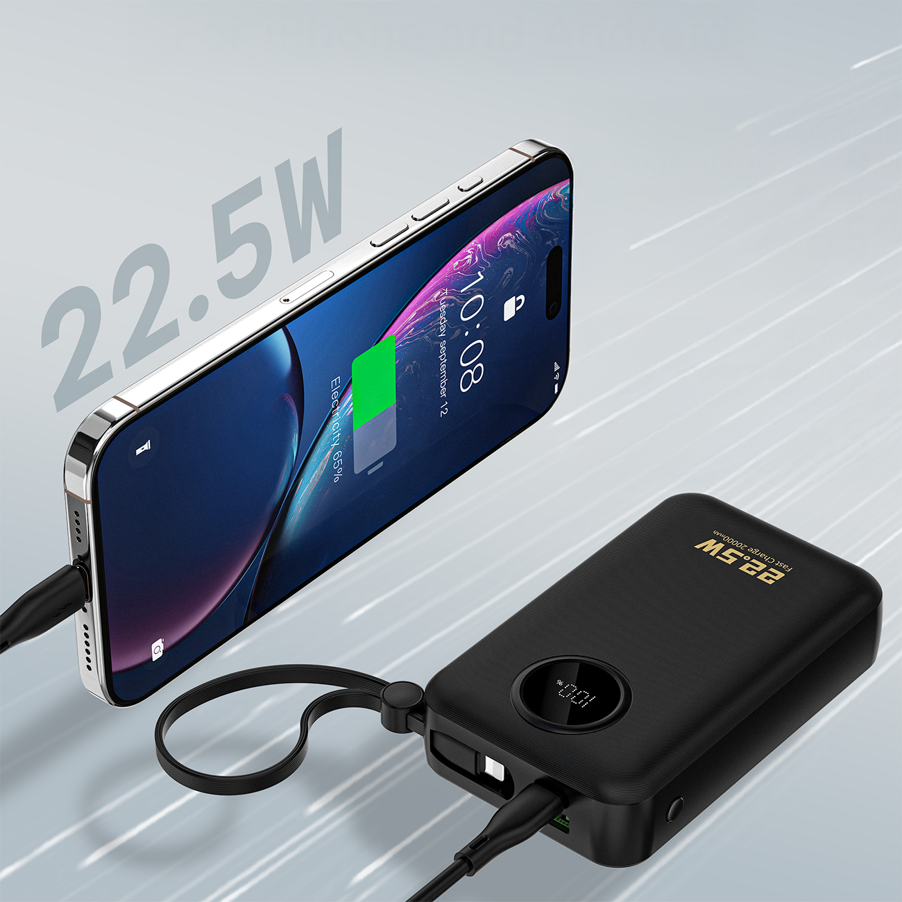 Dudao K14+ Powerbank 20000mAh 22,5W USB-C / USB-A / Inbyggda Lightning- och USB-C-kablar - Svart