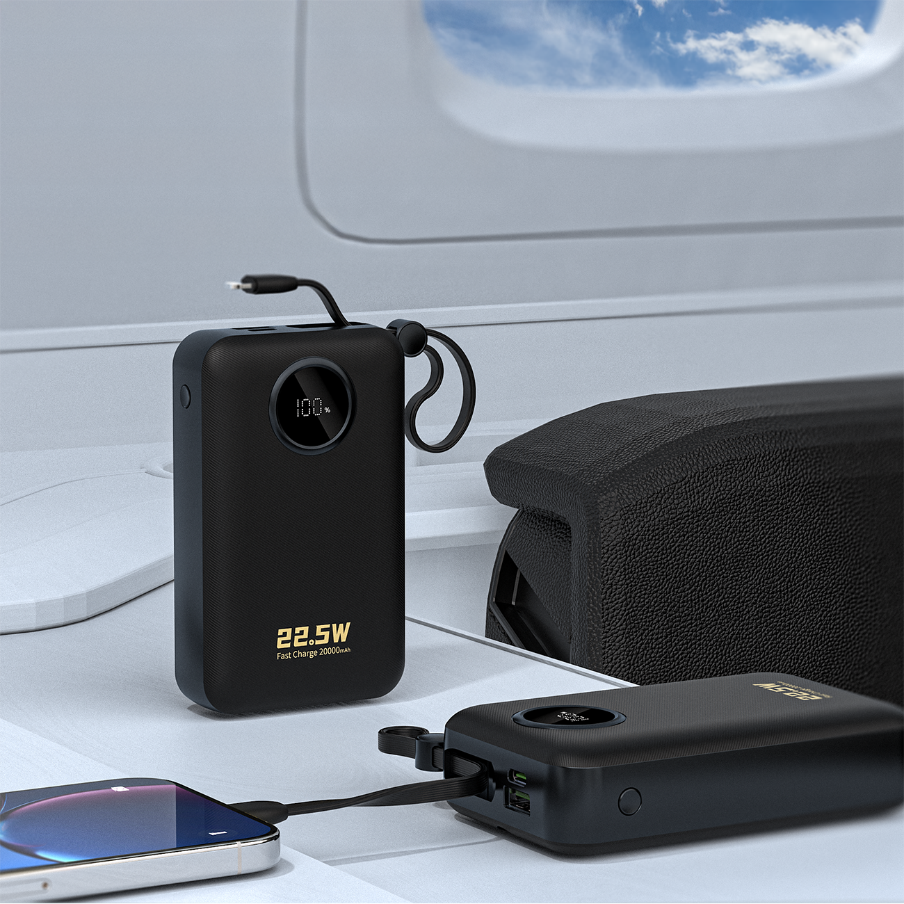 Dudao K14+ Powerbank 20000mAh 22,5W USB-C / USB-A / Inbyggda Lightning- och USB-C-kablar - Svart