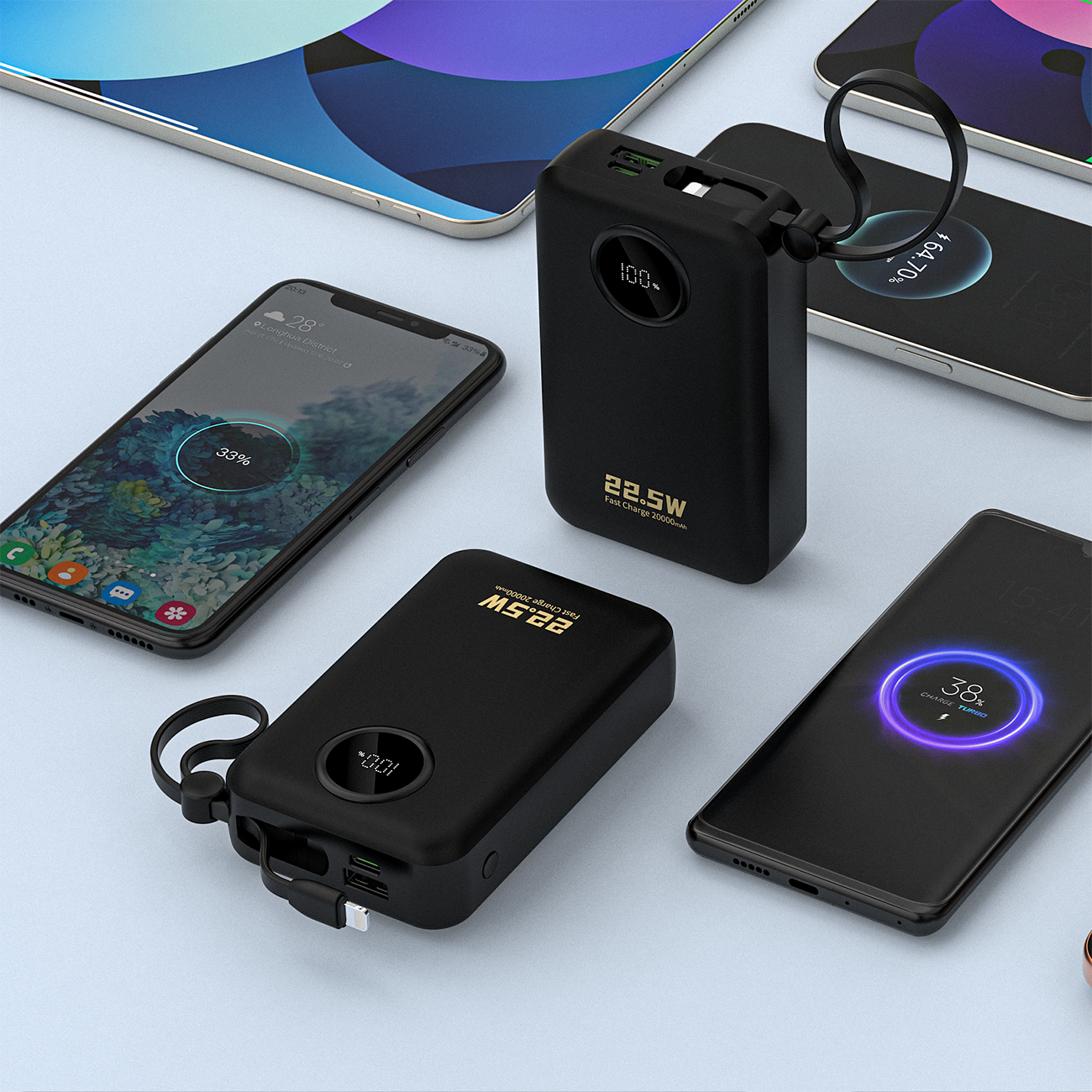 Dudao K14+ Powerbank 20000mAh 22,5W USB-C / USB-A / Inbyggda Lightning- och USB-C-kablar - Svart