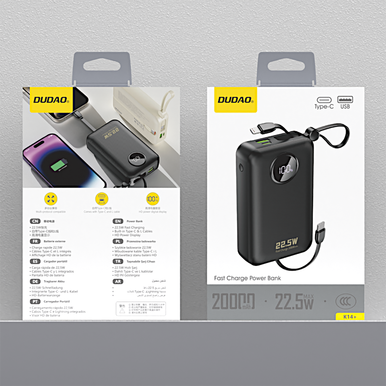 Dudao K14+ Powerbank 20000mAh 22,5W USB-C / USB-A / Inbyggda Lightning- och USB-C-kablar - Svart