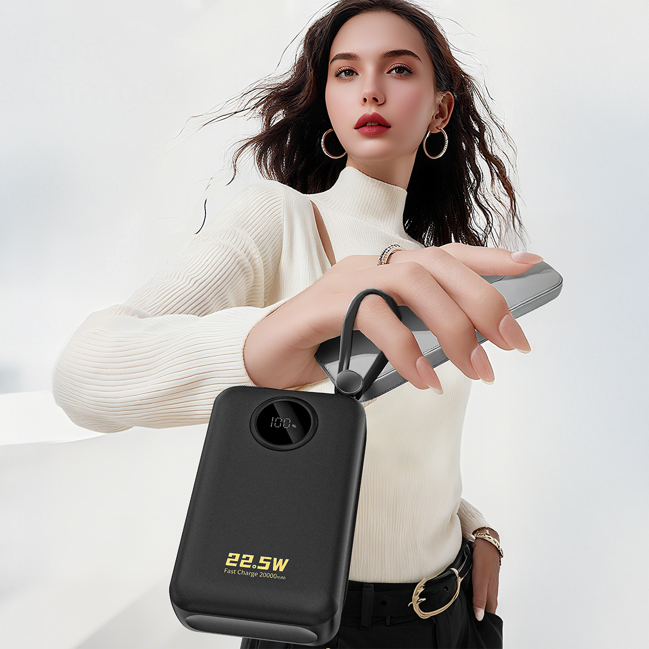 Dudao K14+ Powerbank 20000mAh 22,5W USB-C / USB-A / Inbyggda Lightning- och USB-C-kablar - Svart