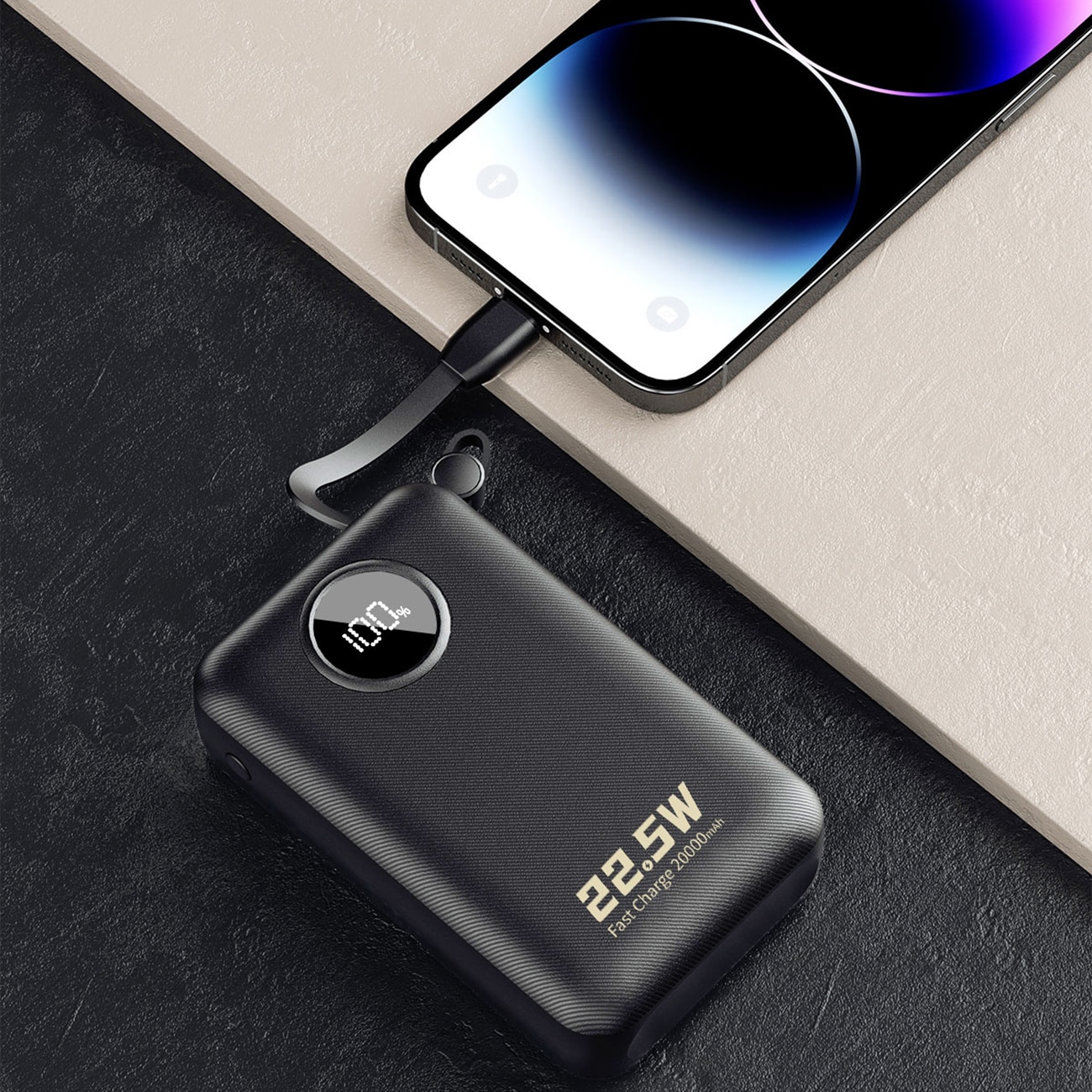 Dudao K14+ Powerbank 20000mAh 22,5W USB-C / USB-A / Inbyggda Lightning- och USB-C-kablar - Svart