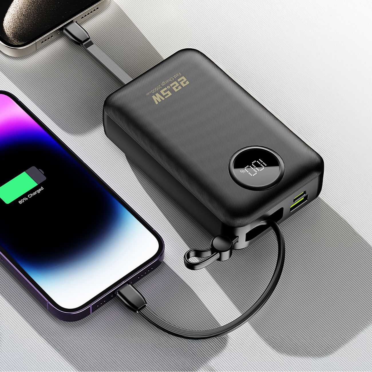 Dudao K14+ Powerbank 20000mAh 22,5W USB-C / USB-A / Inbyggda Lightning- och USB-C-kablar - Svart