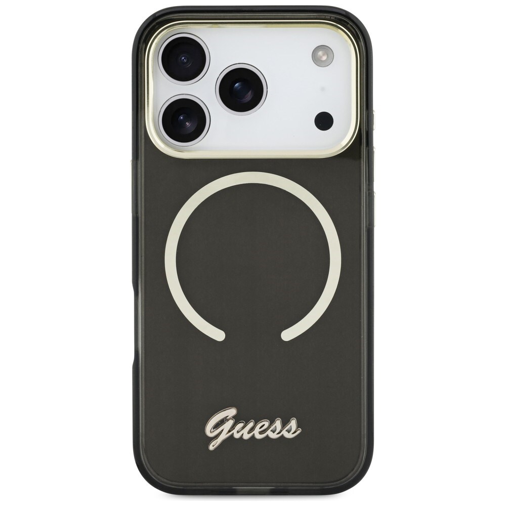 Guess IML Script MagSafe-fodral i metall för iPhone 17 Pro - Svart