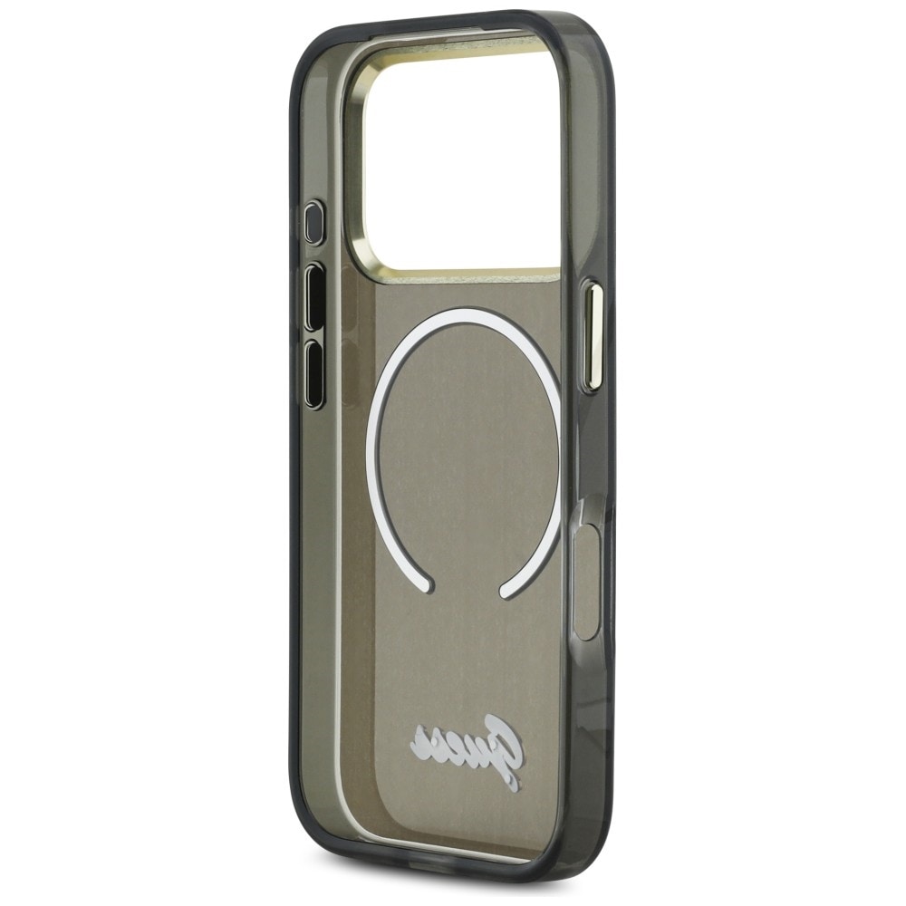 Guess IML Script MagSafe-fodral i metall för iPhone 17 Pro - Svart