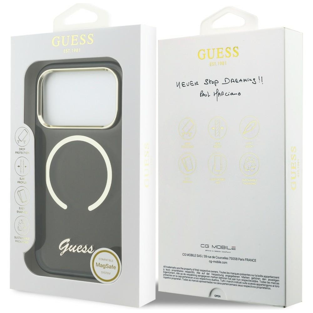 Guess IML Script MagSafe-fodral i metall för iPhone 17 Pro - Svart